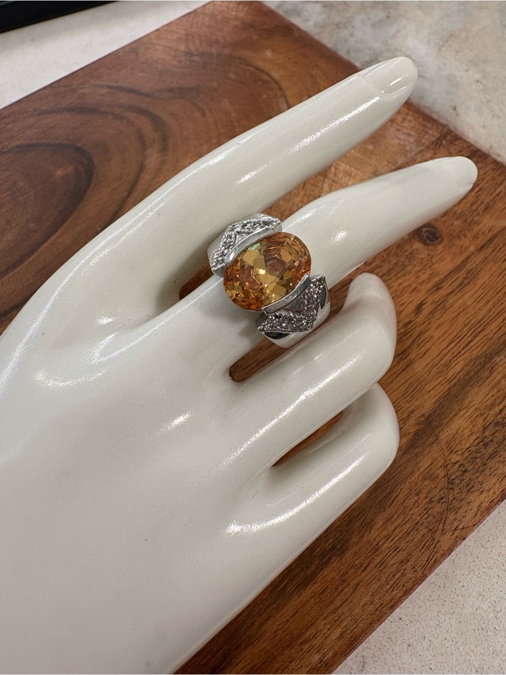 18K Gold Electroplated Ring with Large Amber Colored Stone - Size 8